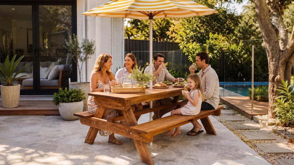 Adults seated along the attached bench of a timber picnic table showing spacing per person