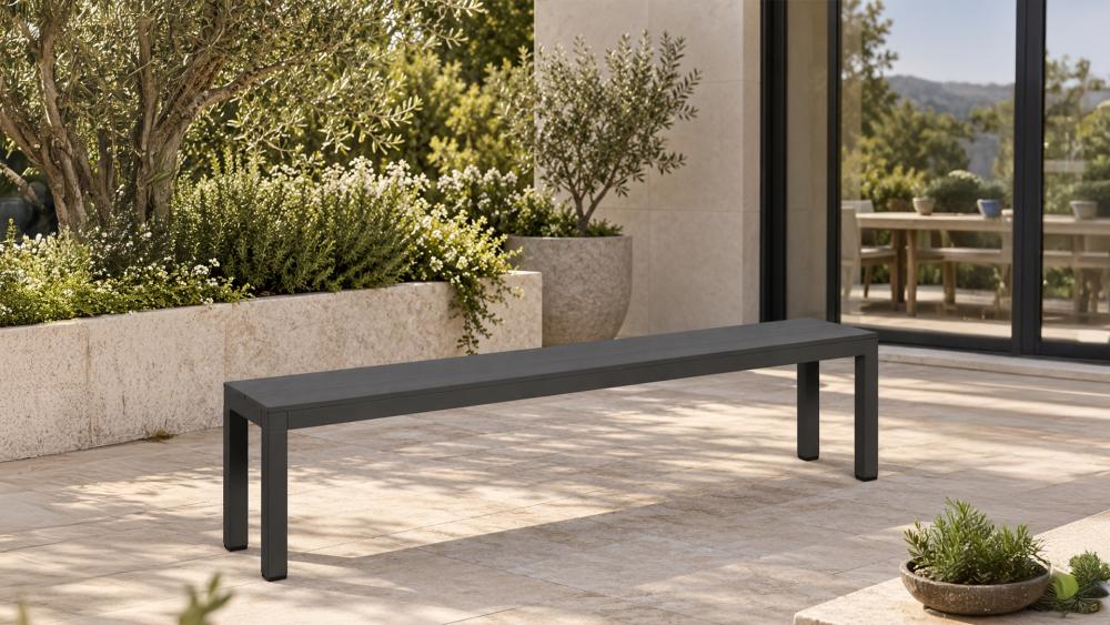 Powder-coated aluminium bench seat matched with an extendable outdoor dining table