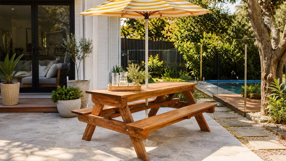 Australian made timber picnic table with attached bench seats set up on a backyard lawn