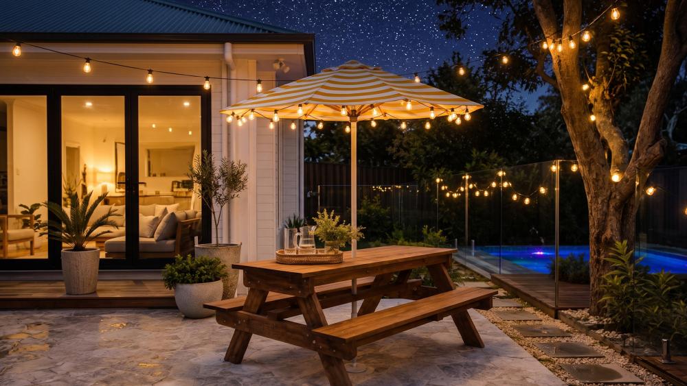 Australian made timber bench seat with backrest positioned alongside a timber picnic table