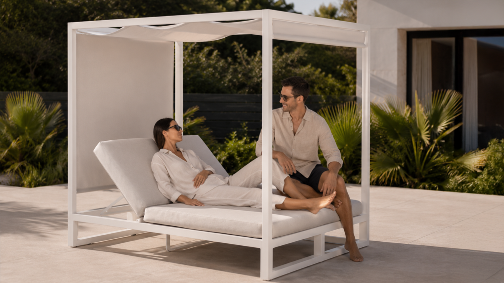 Selection of outdoor sun loungers arranged poolside in an Australian backyard