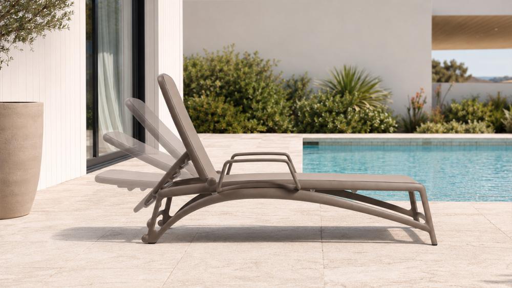 Nardi Atlantico sun loungers reclined flat and shown stacked for storage