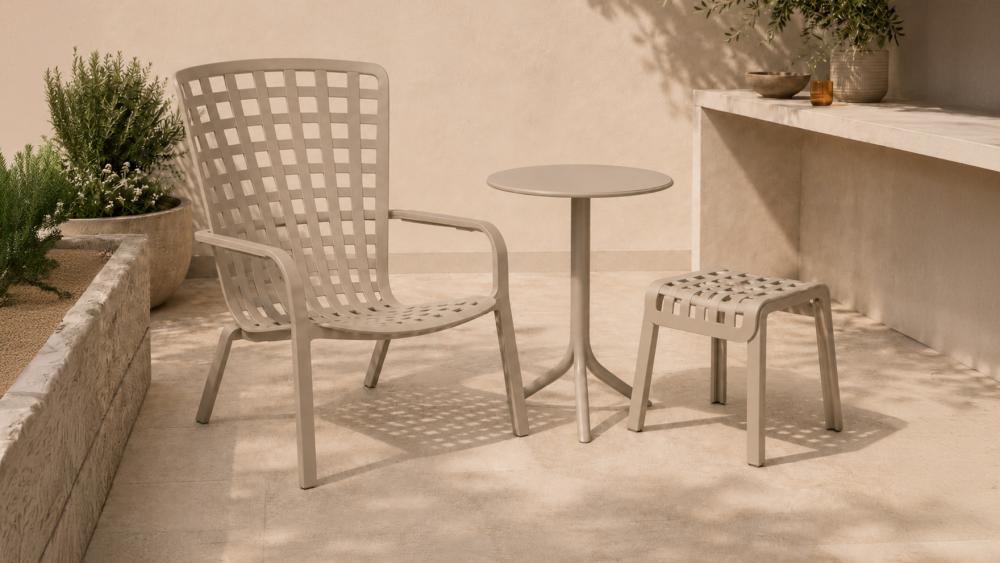 Nardi Folio armchair, Poggio footstool and Spritz table in new Corda colour