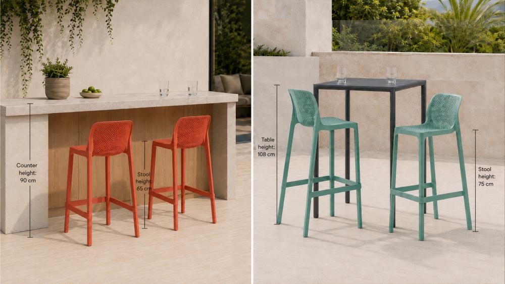Counter height and bar height outdoor settings shown side by side with seat and table measurements