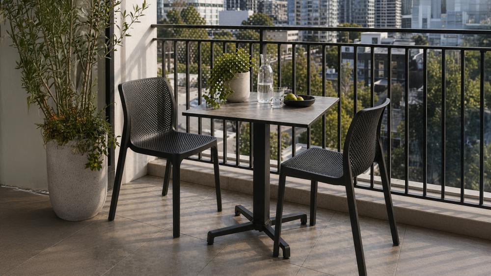 Side-by-side texture detail of compact laminate, ceramic and timber outdoor table tops