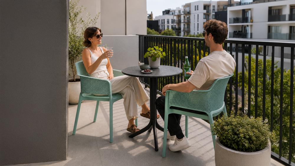 Commercial-grade plastic outdoor chairs in a modern Australian alfresco setting