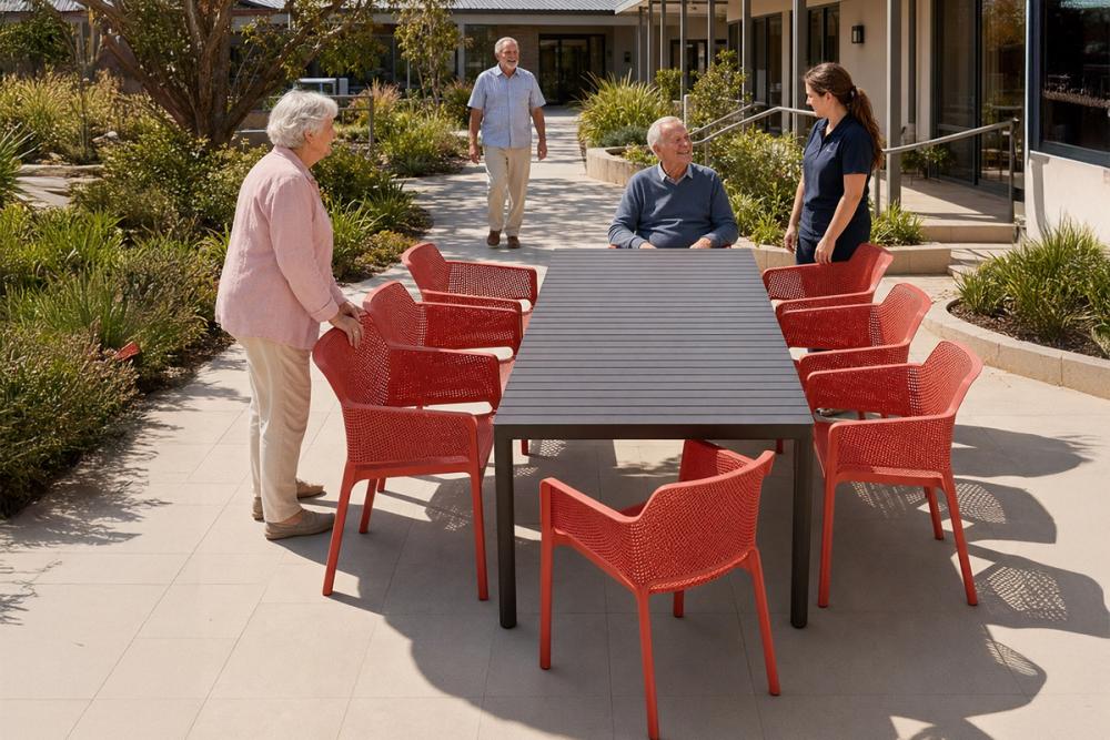 Firm, high-seat outdoor chairs with armrests suited to older residents