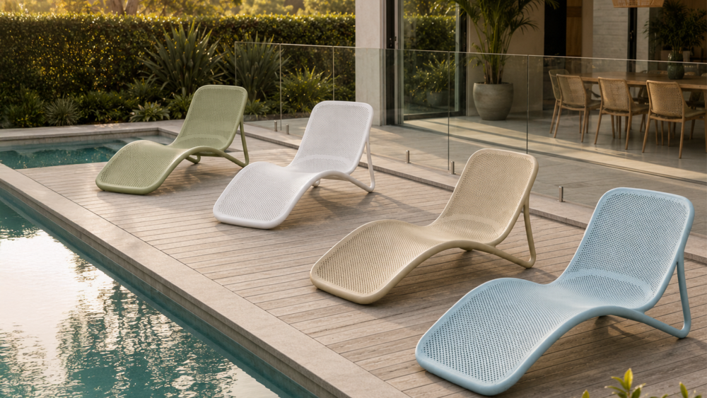 Solaro Slim stackable sun lounger in white beside a residential pool