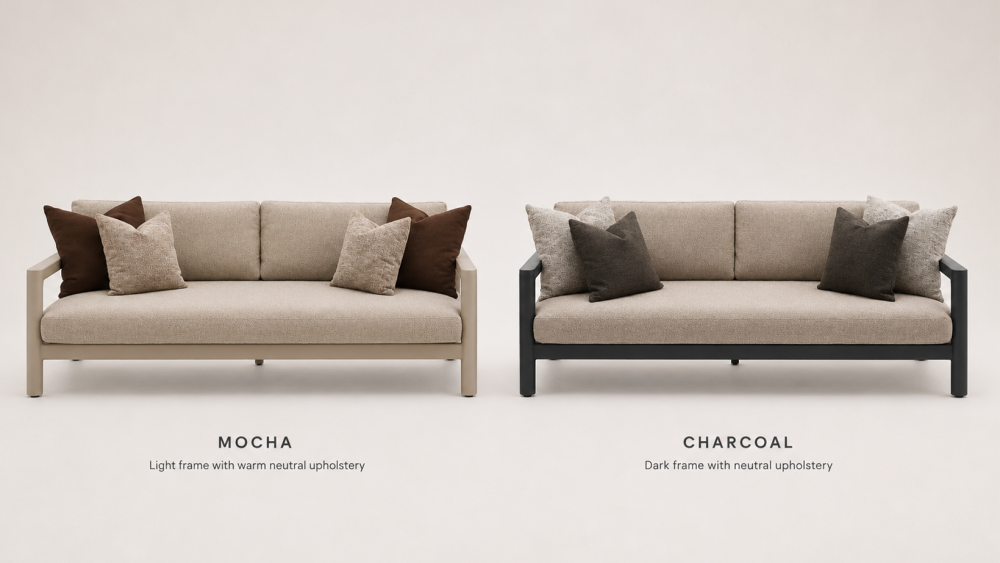 Pebl Tolo shown in charcoal and mocha finishes side by side with cushions