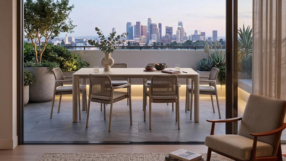 Premium designer balcony furniture coordinated with an indoor living room through sliding doors