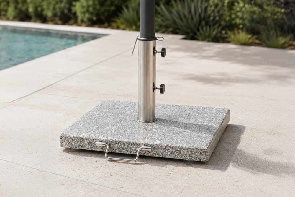 Granite-look resin, steel and fillable umbrella bases side by side