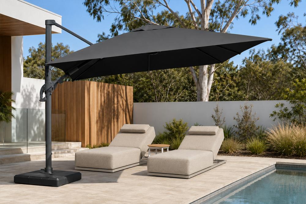 Outdoor umbrella shading a dining setting on an Australian patio, held steady by a weighted base