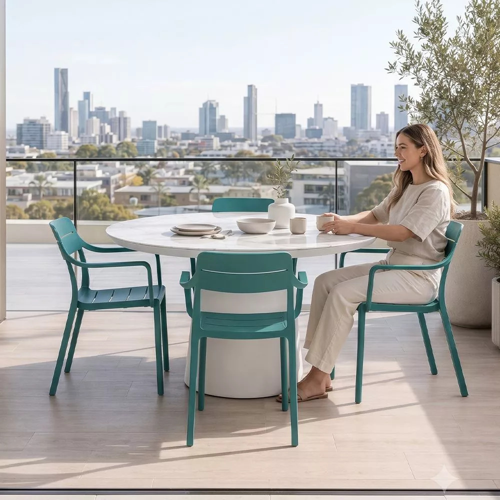 Outdoor dining table set for six on an alfresco patio showing seating space and clearance