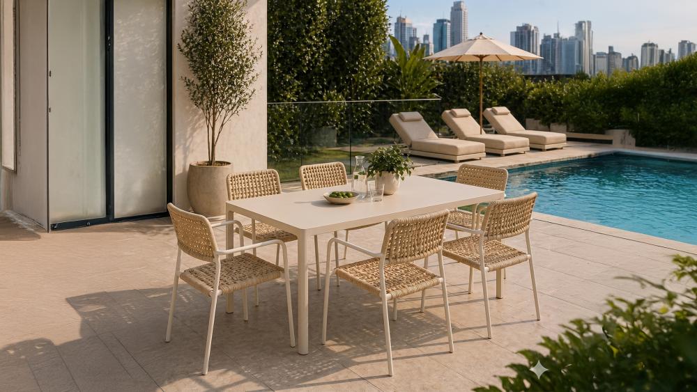 Outdoor dining setting on an apartment balcony or poolside terrace