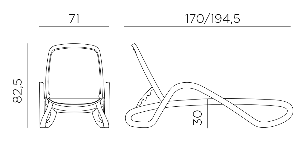 Nardi Alfa sun lounger dimensions: 194.5cm long, 71cm wide, 82.5cm high, seat 30cm