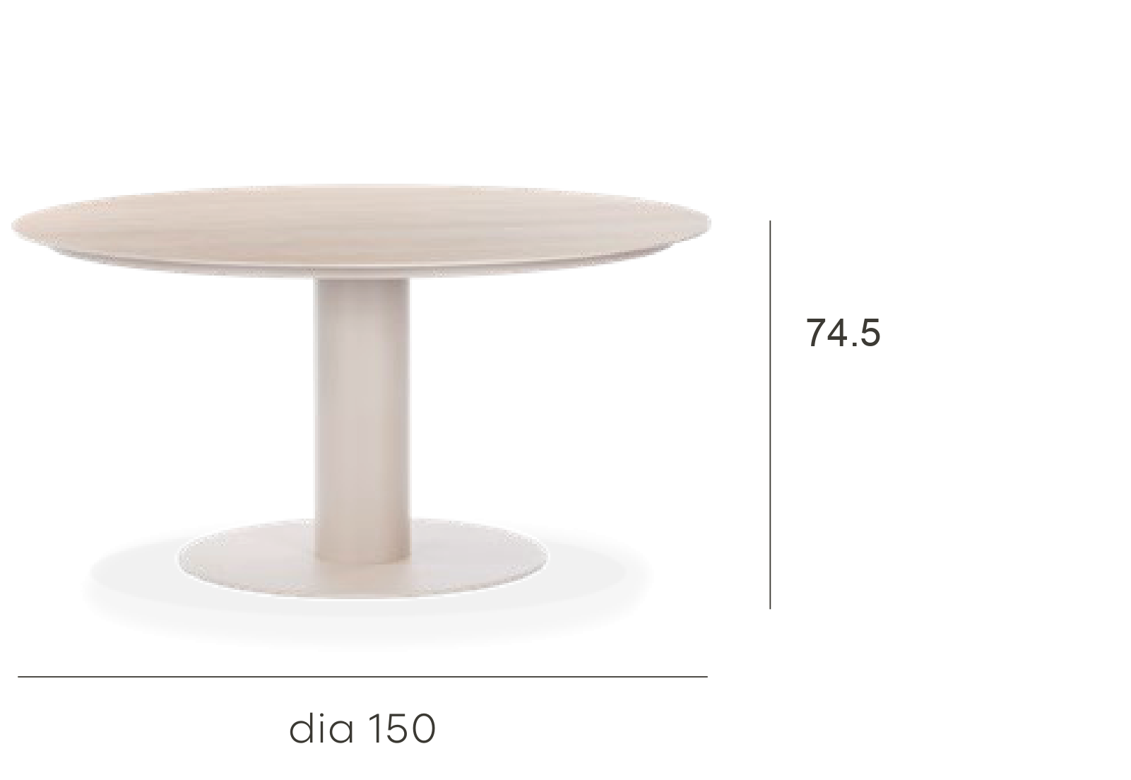 BLOO Tube 150cm round outdoor dining table dimensions, 150 cm diameter at 74.5 cm high