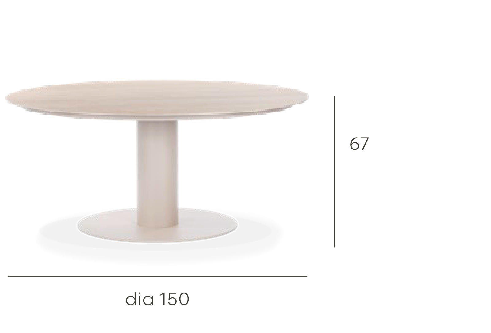 BLOO Tube 150cm round low outdoor dining table dimensions, 150 cm diameter at 67 cm high