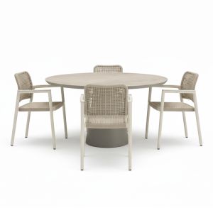 Bahza Ceramic 120cm Round Table with Pebl Tolo Rope Chairs - 5 Piece Outdoor Dining Set