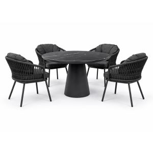Bahza Ceramic 120cm Round Table with Roma Rope Chairs - 5 Piece Outdoor Dining Set