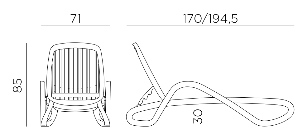 Nardi Eden sun lounger dimensions: 194.5cm long, 71cm wide, 85cm high, seat 30cm