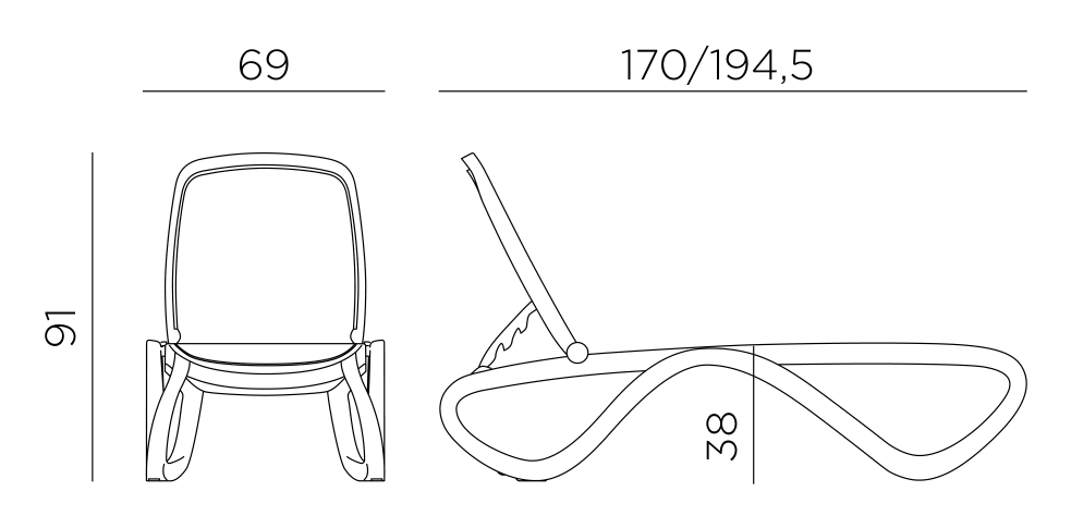 Nardi Omega sun lounger dimensions: 194.5cm long, 69cm wide, 91cm high, seat 38cm