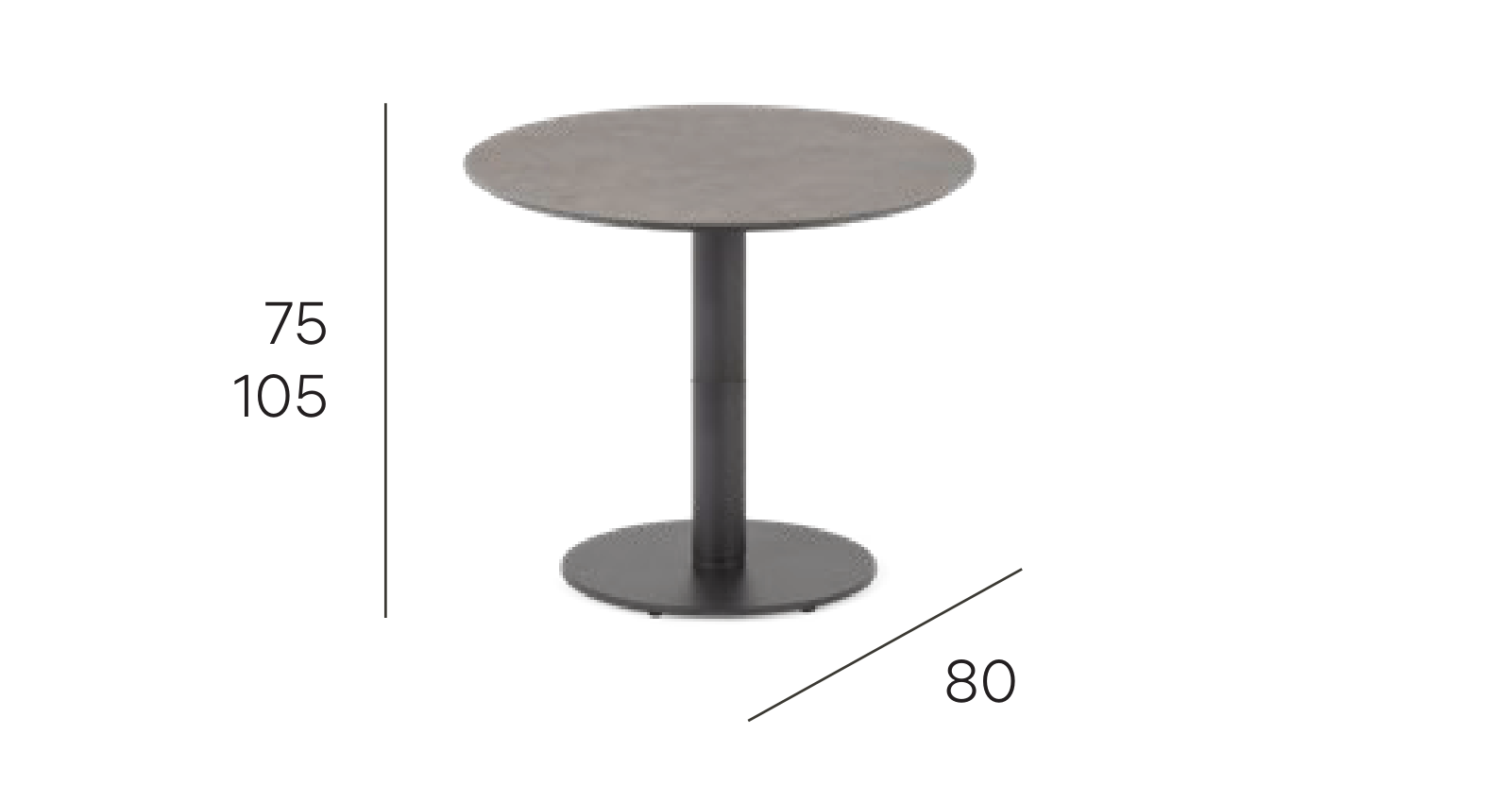 Pebl Hilo adjustable outdoor bar table dimensions, 80 cm diameter, height adjusts 75 to 105 cm