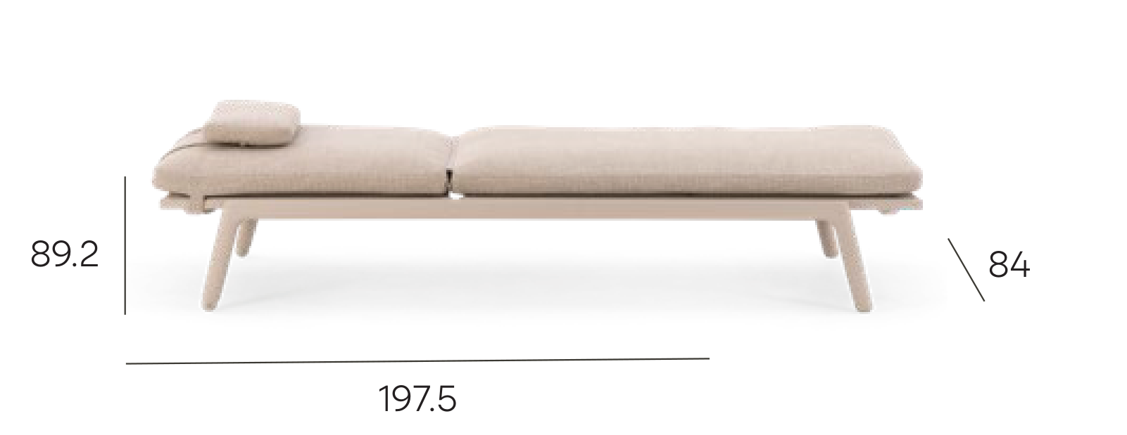 Pebl Tolo outdoor sunlounger dimensions, 197.5 cm long, 84 cm wide, 89.2 cm high