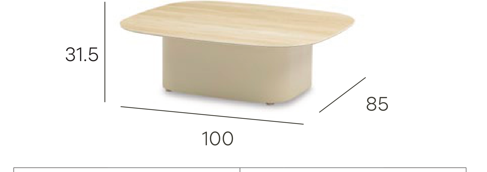 Pebl Wave outdoor coffee table dimensions, 100 x 85 cm at 31.5 cm high