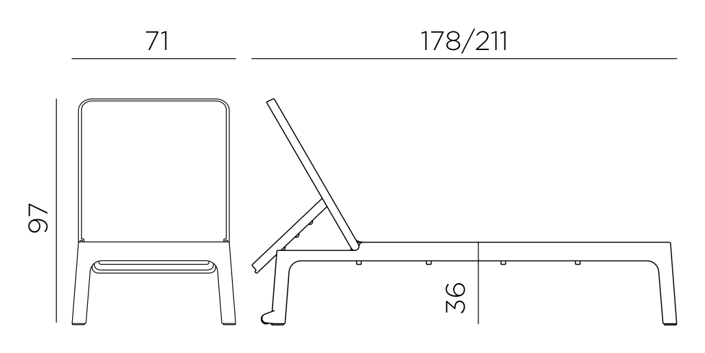 Nardi Plano sun lounger dimensions: 211cm long, 71cm wide, 97cm high, seat 36cm