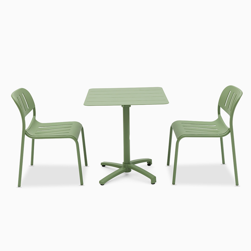 Pebl Sunset folding bistro table with two stacking side chairs in powder coated aluminium