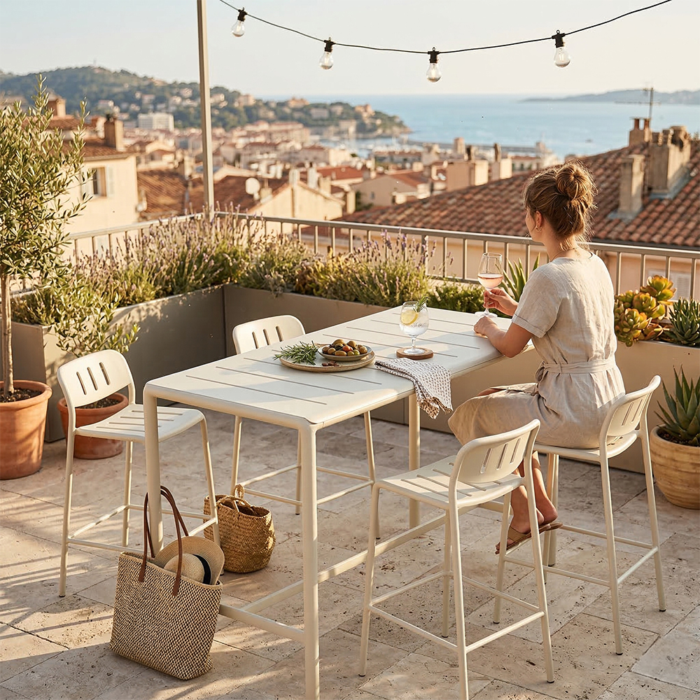 Pebl Sunset bar table and barstools on a rooftop terrace