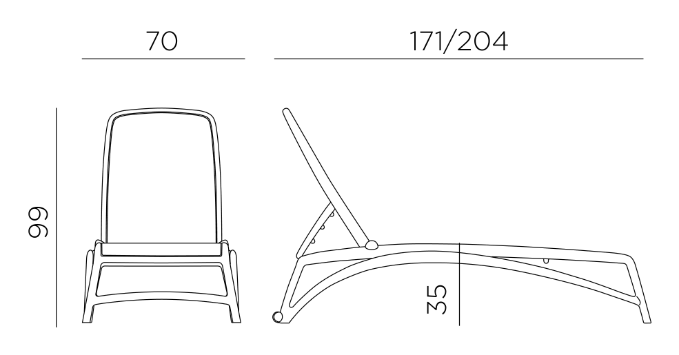 Nardi Atlantico sun lounger dimensions: 204cm long, 70cm wide, 99cm high, seat 35cm