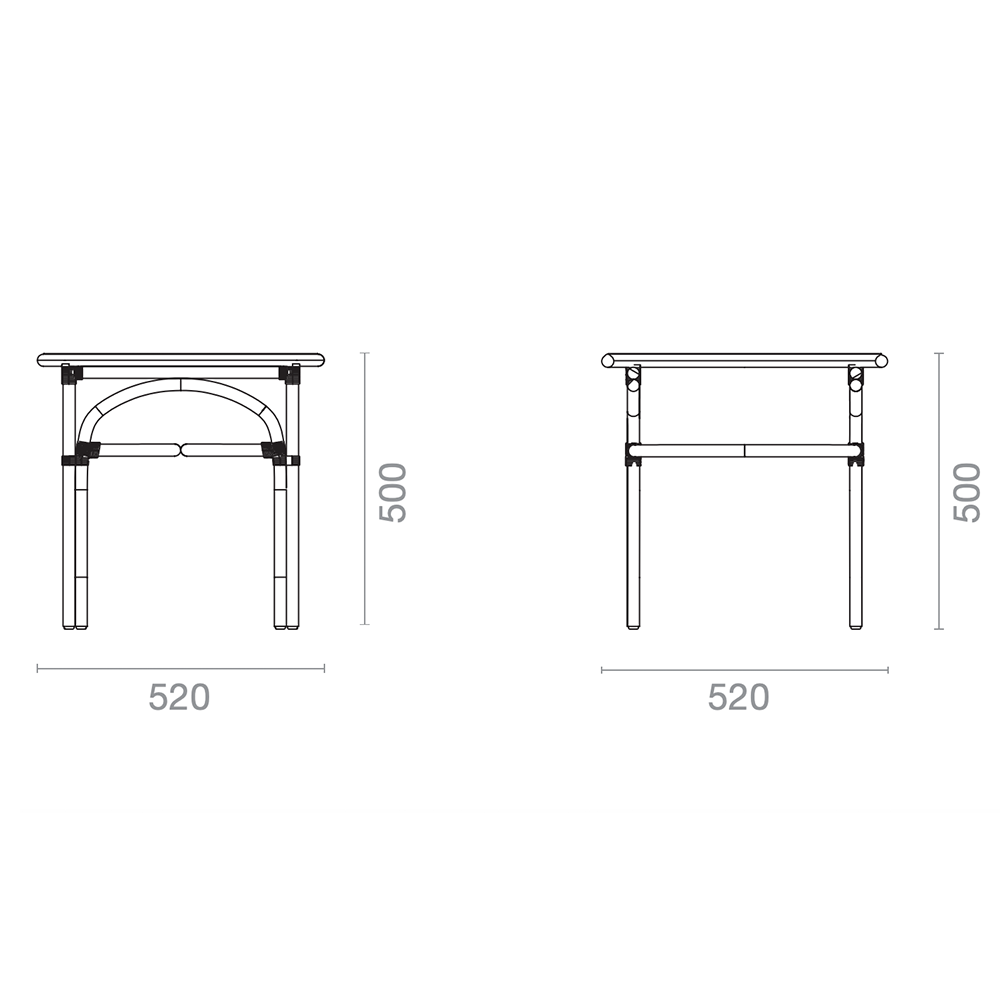 Kanso outdoor aluminium coffee table dimension diagram, 520 mm wide by 500 mm high