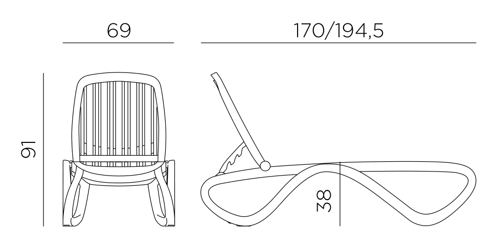 Nardi Tropico sun lounger dimensions: 194.5cm long, 69cm wide, 91cm high, seat 38cm